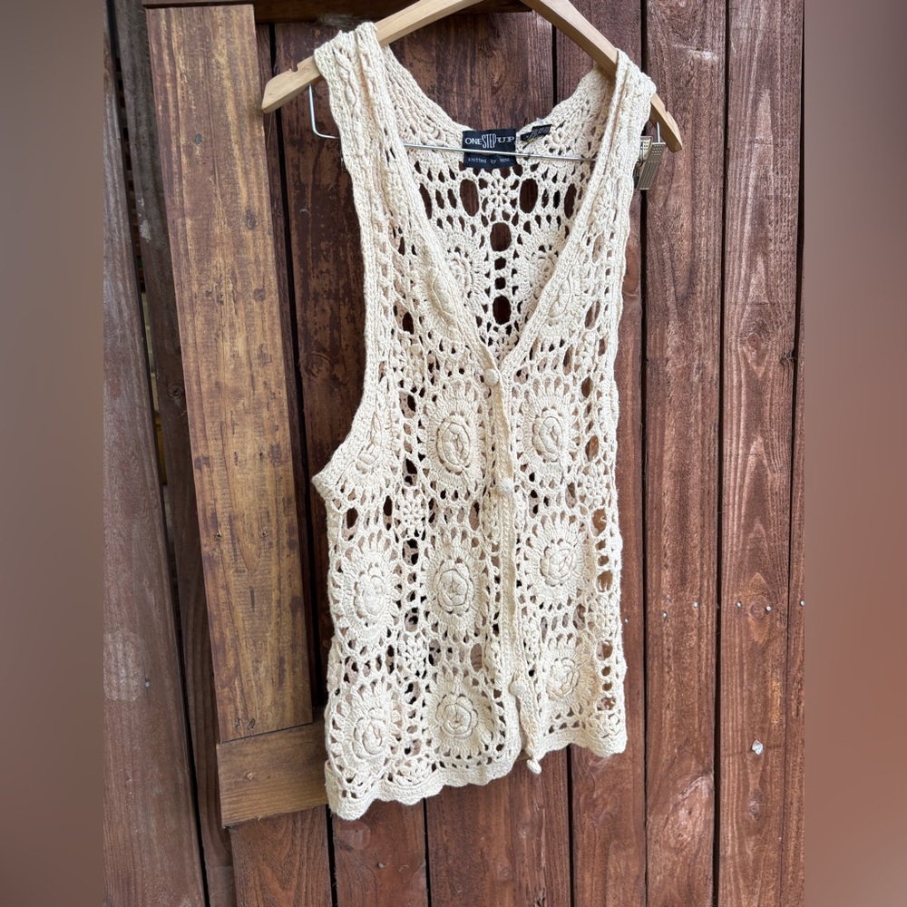 Vintage Hand Knit Light Tan Cotton Crochet Festival Vest - Picture 2 of 4